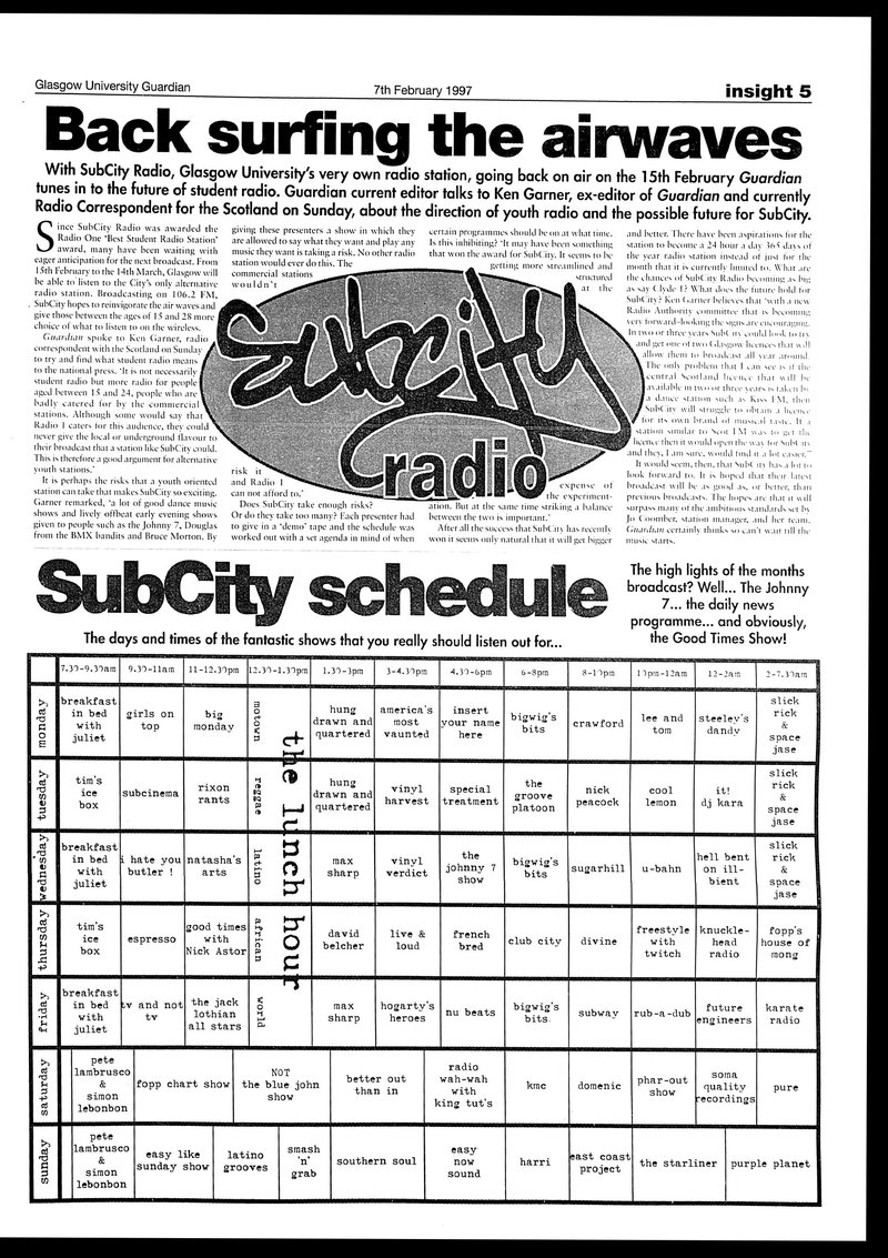 FM Schedule - Glasgow University Guardian 07/02/1997